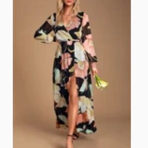 Wondrous Water Lilies Black Floral Print Maxi Dress